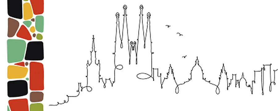 The Barcelona skyline drawn in one line beside a strip of mosaic tiles, from the banner of the 2022 programme
